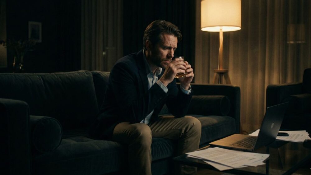 Hombre ejecutivo mirando con preocupación una bebida alcohólica tarde en la noche, ilustrando el estrés oculto y las primeras señales de alerta del abuso de sustancias.